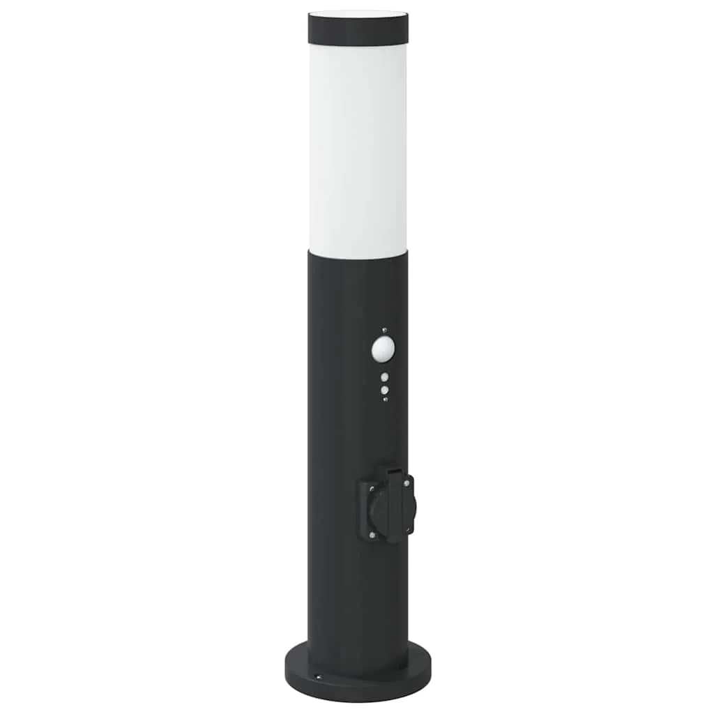 Schwarze Edelstahl Pollerleuchte 11x50 cm mit Bewegungssensor und Steckdose