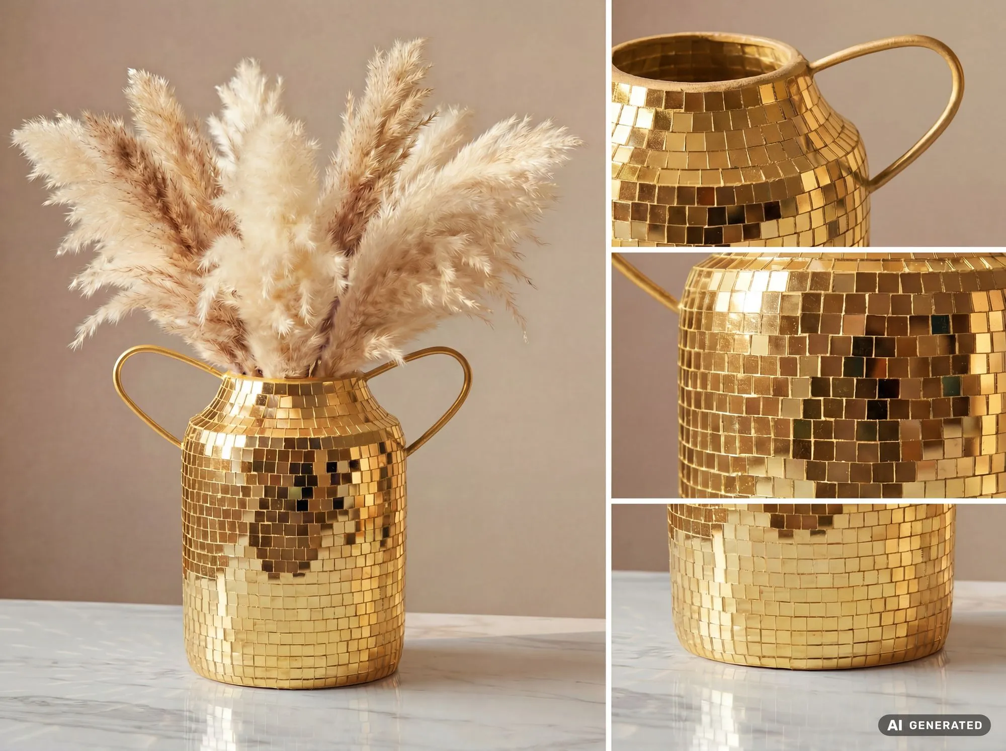 Tischvase Aluminium 32cm Gold - Blumenvase mit Henkel - Metallvase im Discokugel Design Modern - Dekovase rund für Trockenblumen - Alu Standvase Vase Hoch - Wohndeko Handmade