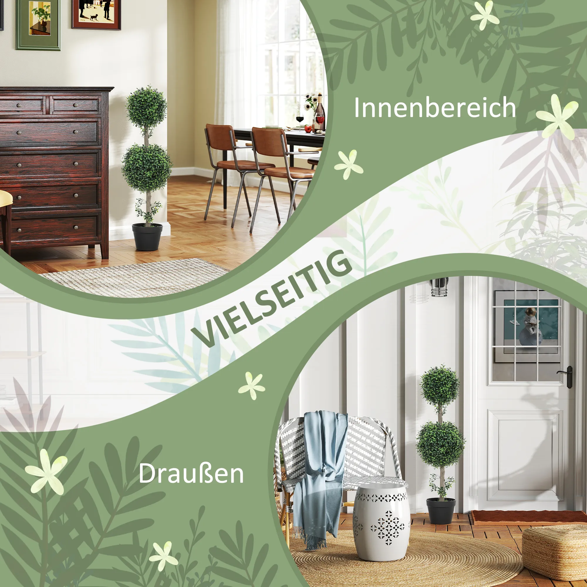 2er-Set Kunstpflanzen, Künstliche Buchsbaum-Pflanzen, UV-geschützt, mit Topf, Grün
