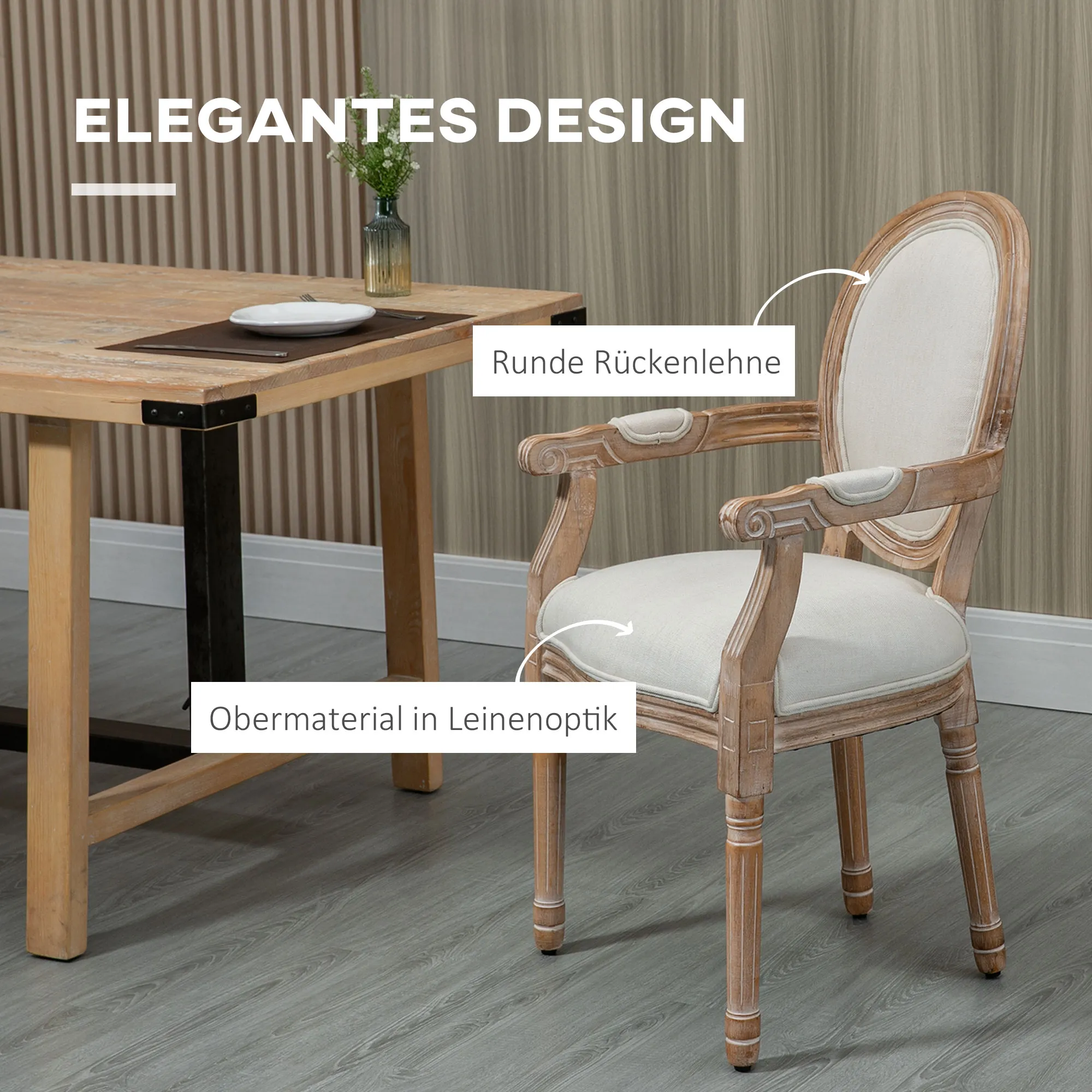 Küchenstuhl im Antik-Design, atmungsaktiver Bezug, Leinenoptik, Massivholzrahmen, 56 x 54 x 96cm, cremeweiß