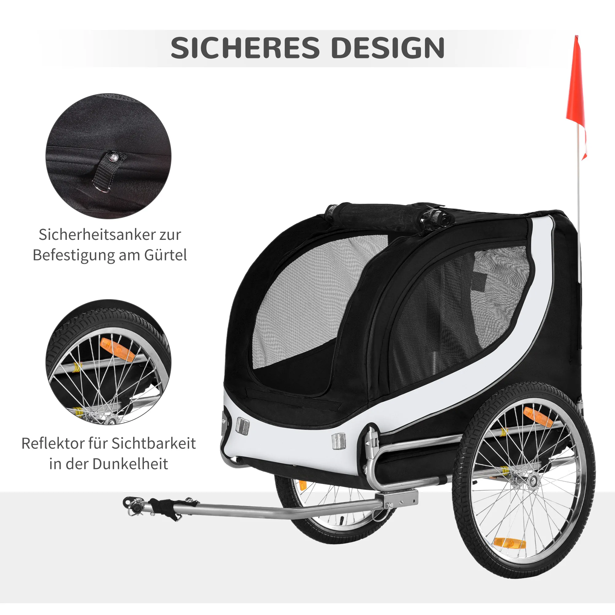 Hundeanhänger für Fahrrad bis 20kg mit Universalkupplung Weiß-Schwarz