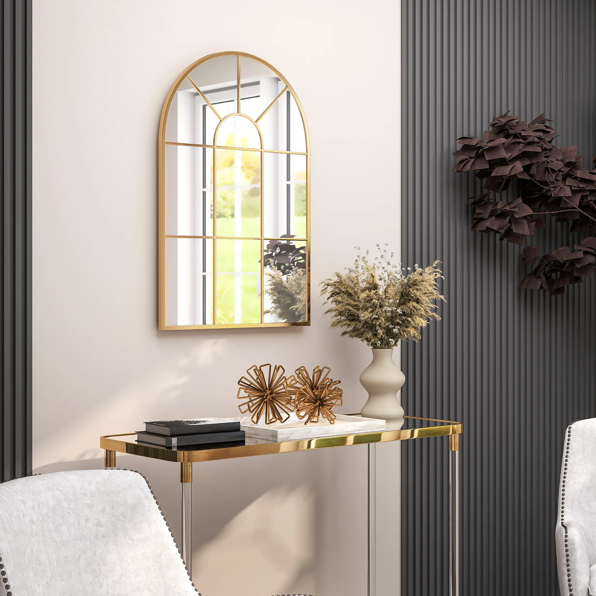 Wandspiegel, Fenster-Design, Flurspiegel, Metallrahmen, 91 x 60 cm, Gold