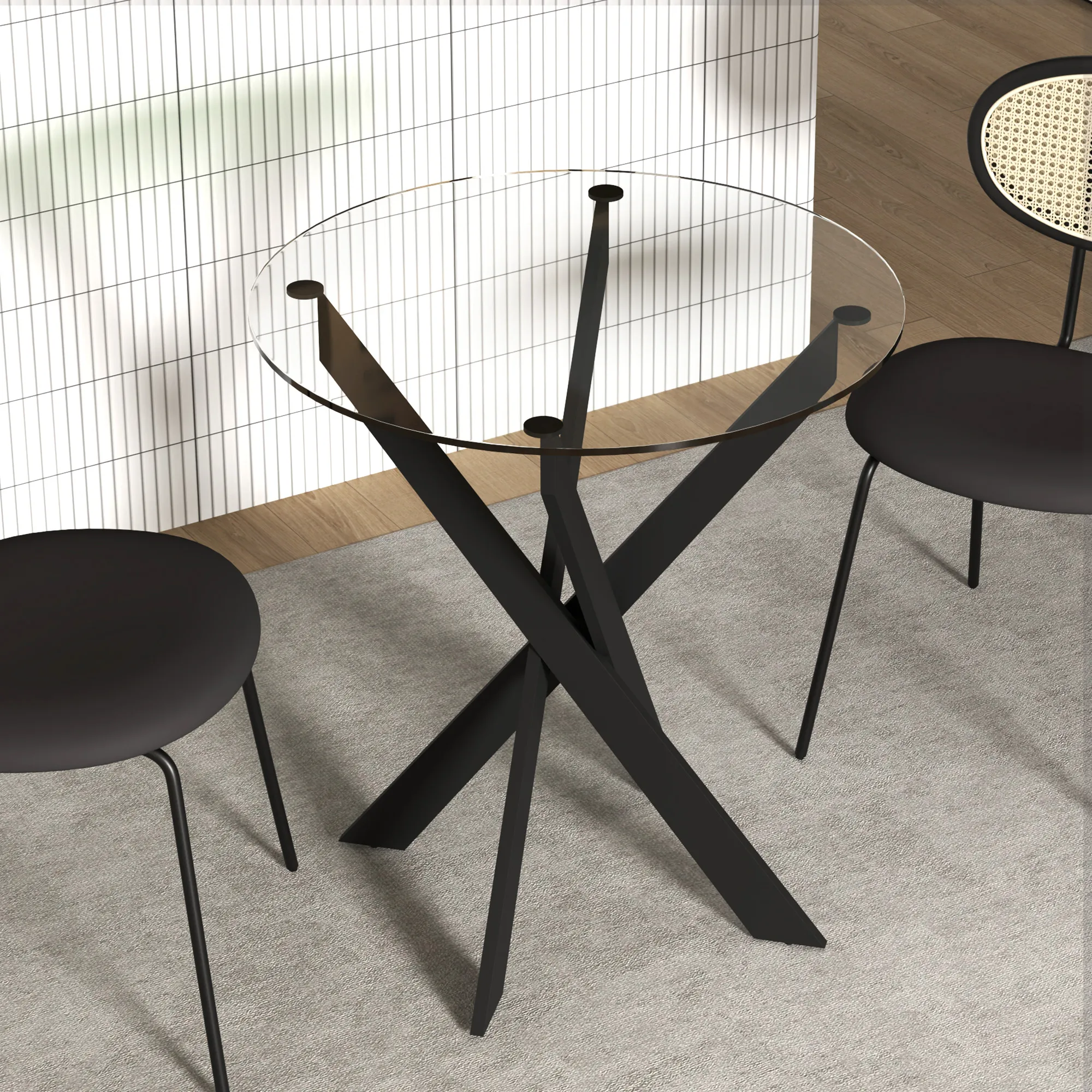 Moderner Glas-Esstisch, 70 cm Durchmesser, Küchentisch mit gehärteter Glasplatte und Metallbeinen, für 4 Personen
