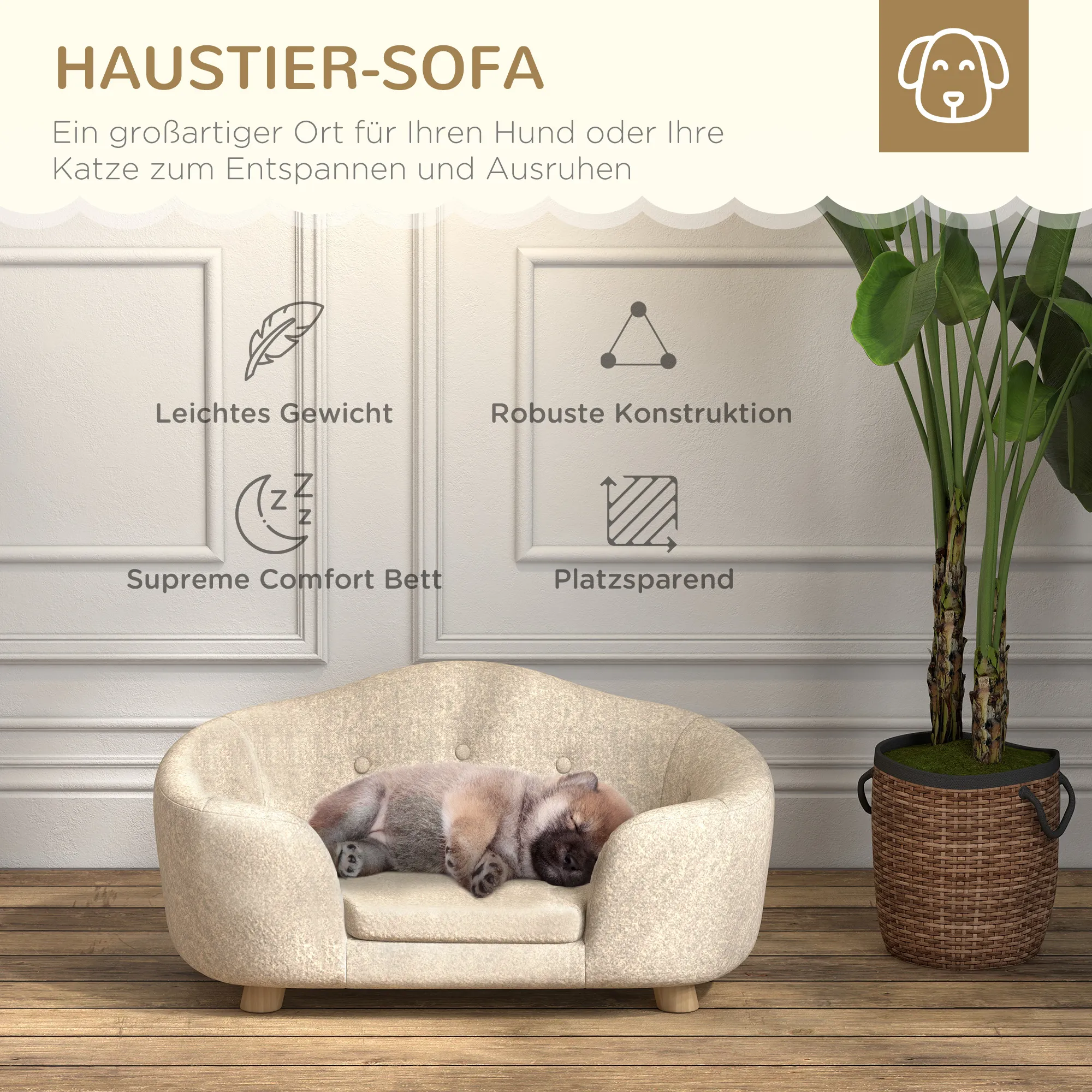 Hundesofa aus Kiefernholz mit Plüsch, 70 x 47 x 30 cm, Cremeweiß