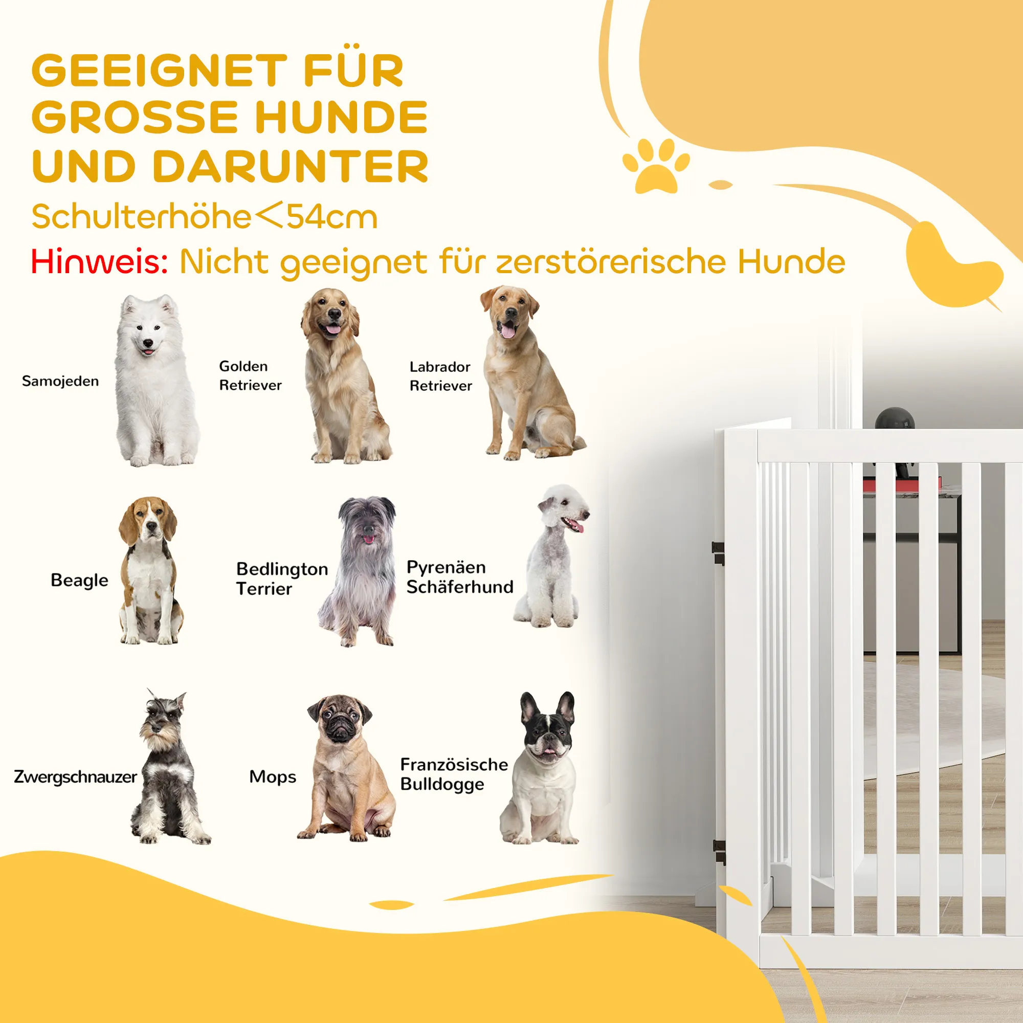 Haustiergitter aus MDF Holz, faltbar, 240x81 cm, Weiß