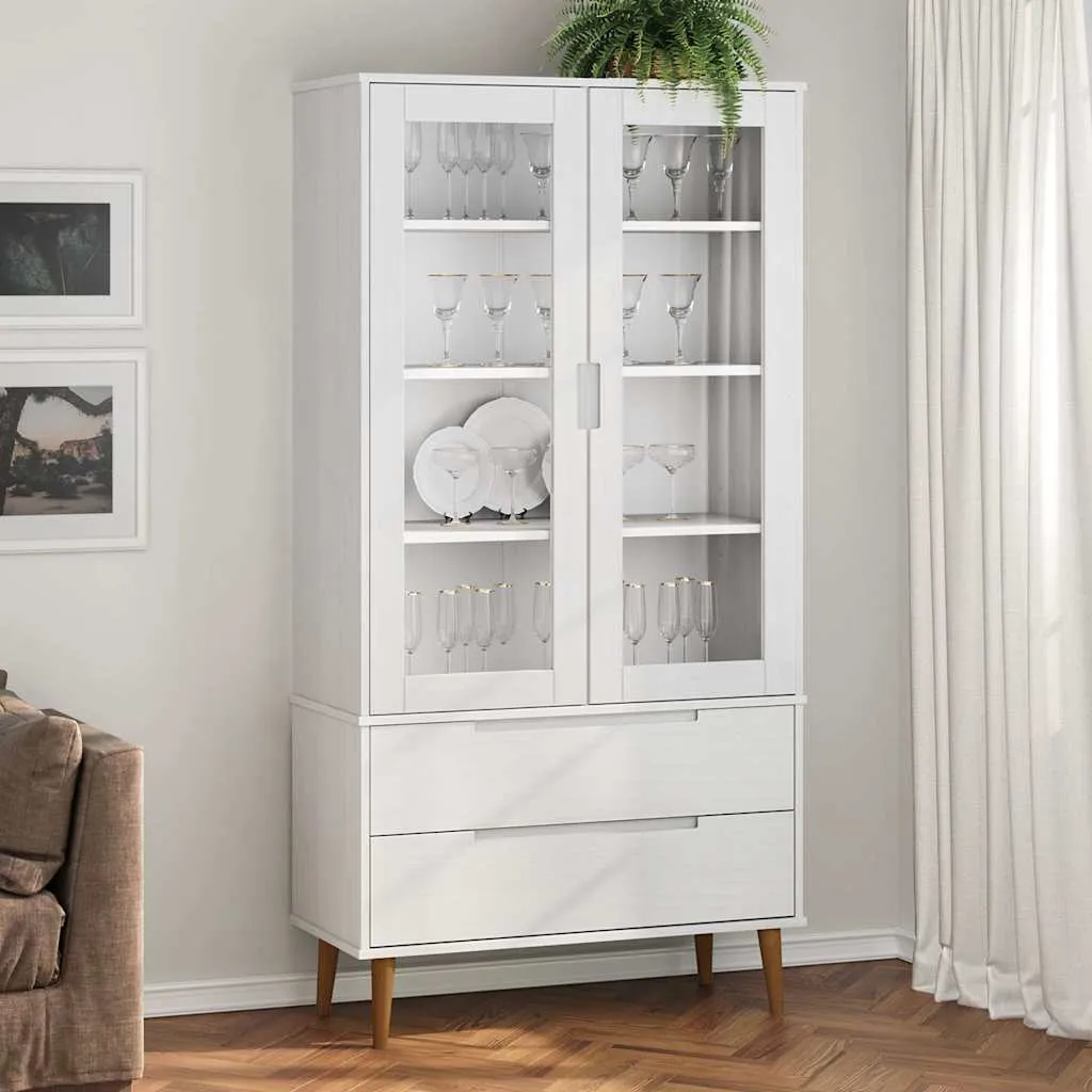 Vitrinenschrank MOLDE 90x35x175 cm Weiß aus massivholz mit UV-Lackierung