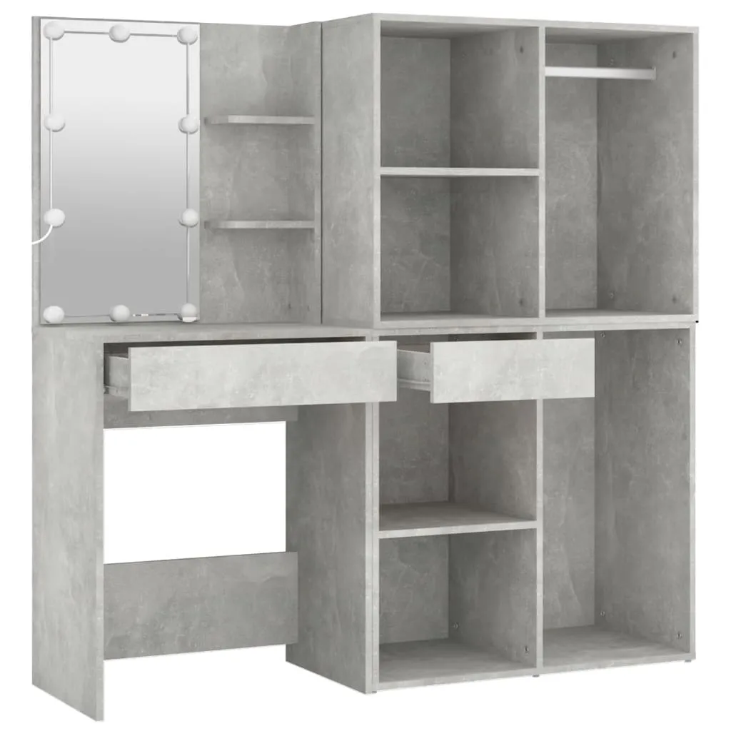 LED-Schminktisch Betongrau 60x40x140 cm mit 2 Schränken aus Holzwerkstoff