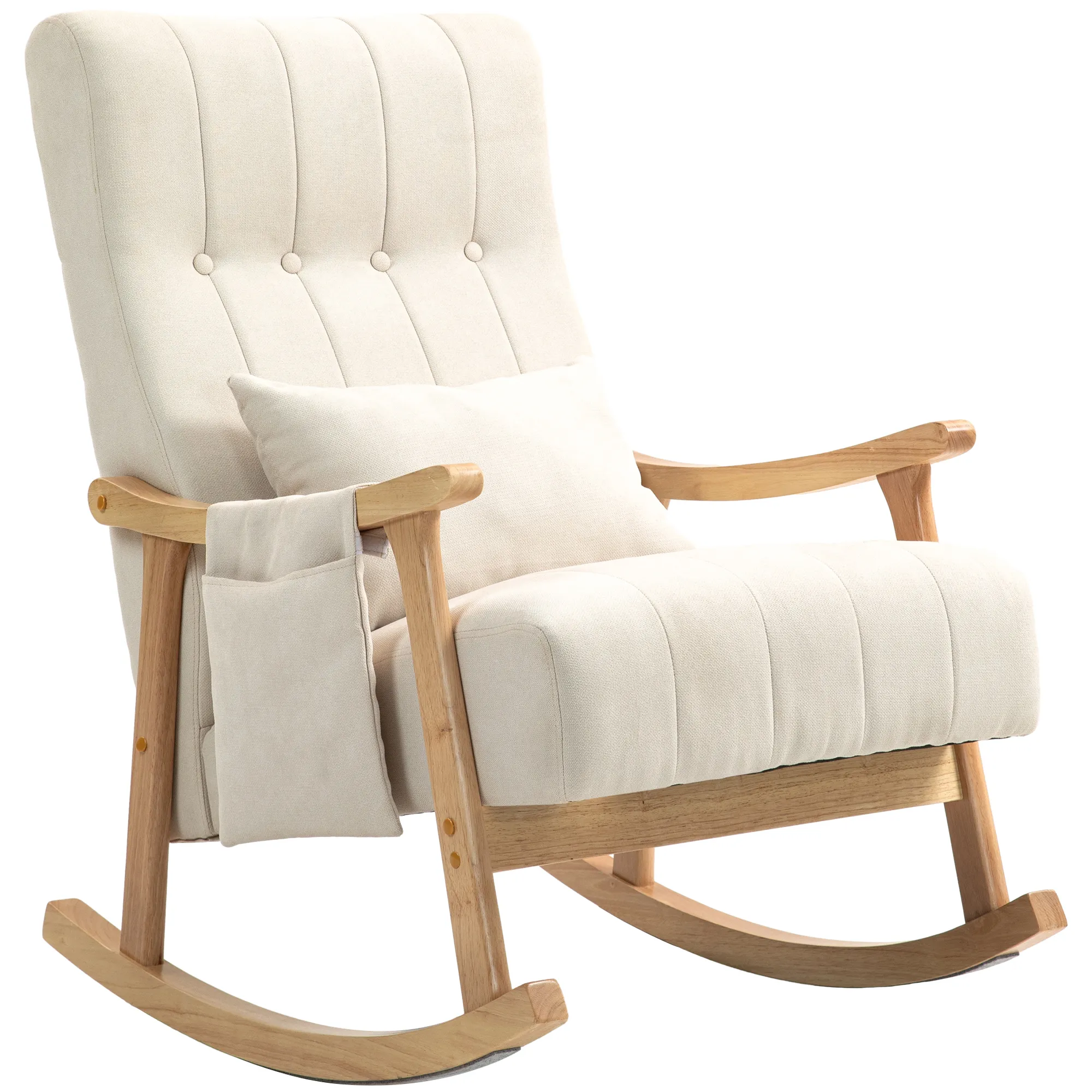 Schaukelstuhl mit Nierenkissen, breiter Sitz, Kautschukholzrahmen, bis 120 kg, Beige