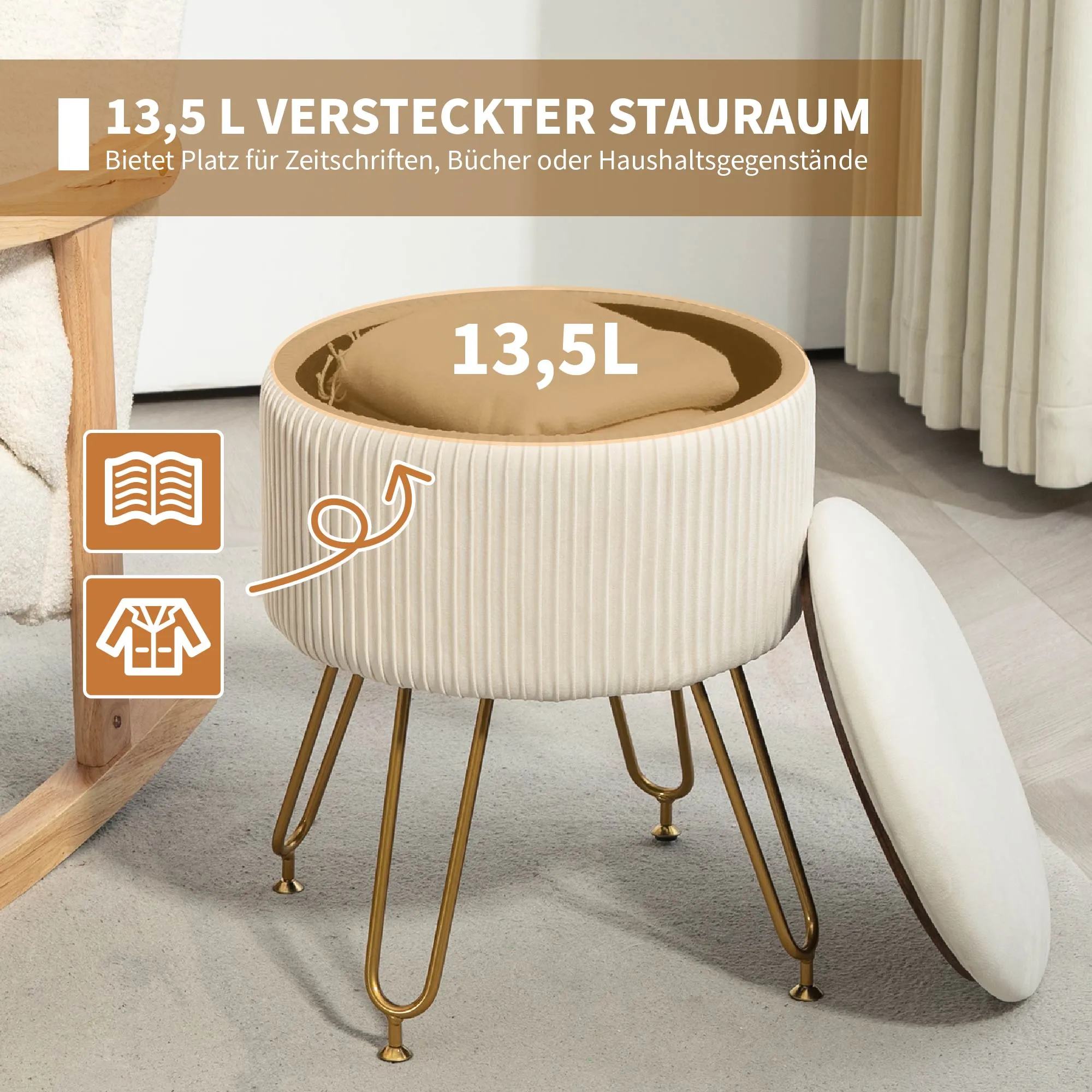 2-in-1-Aufbewahrungshocker mit Metallbeinen, runder Fußhocker für Wohnzimmer, Schlafzimmer, Flur, Cremeweiß