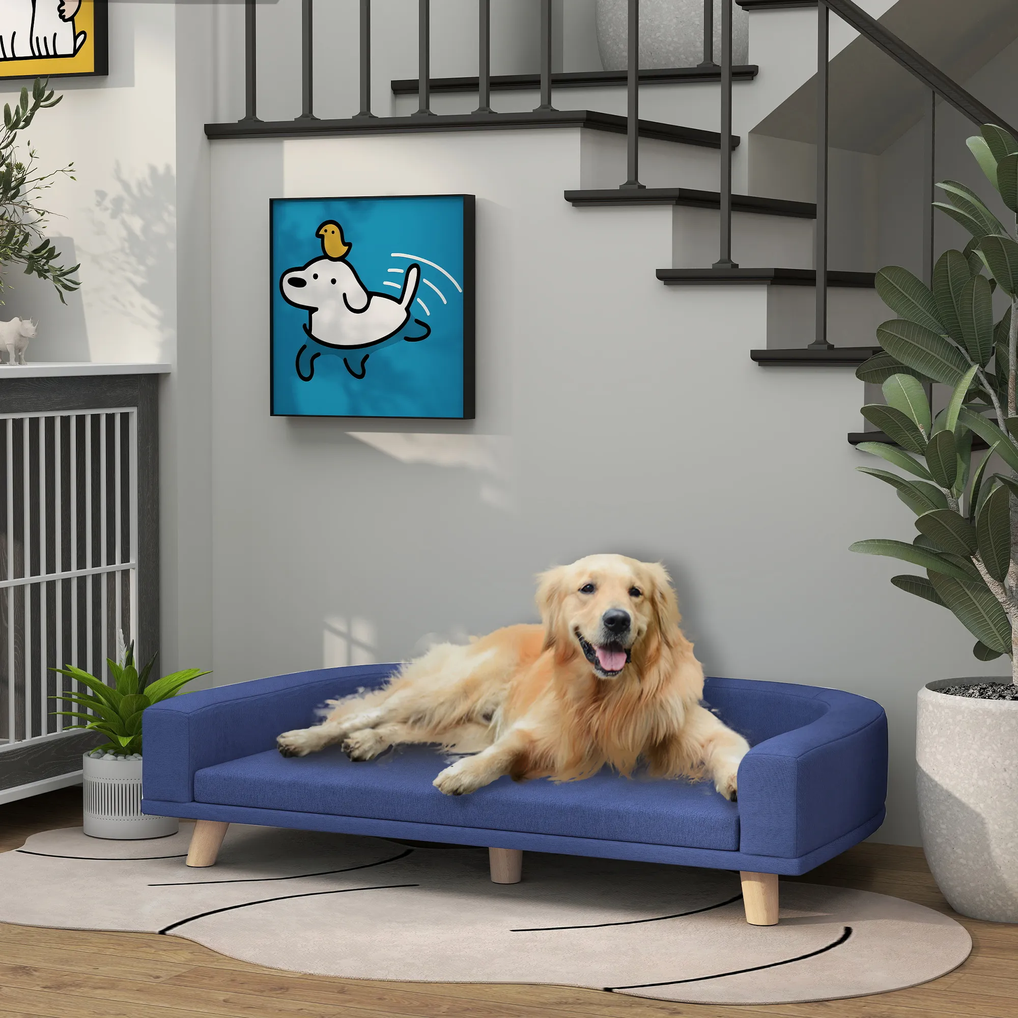 Hundesofa für große Hunde, Kiefernholz, 98 x 67 x 25 cm, Blau
