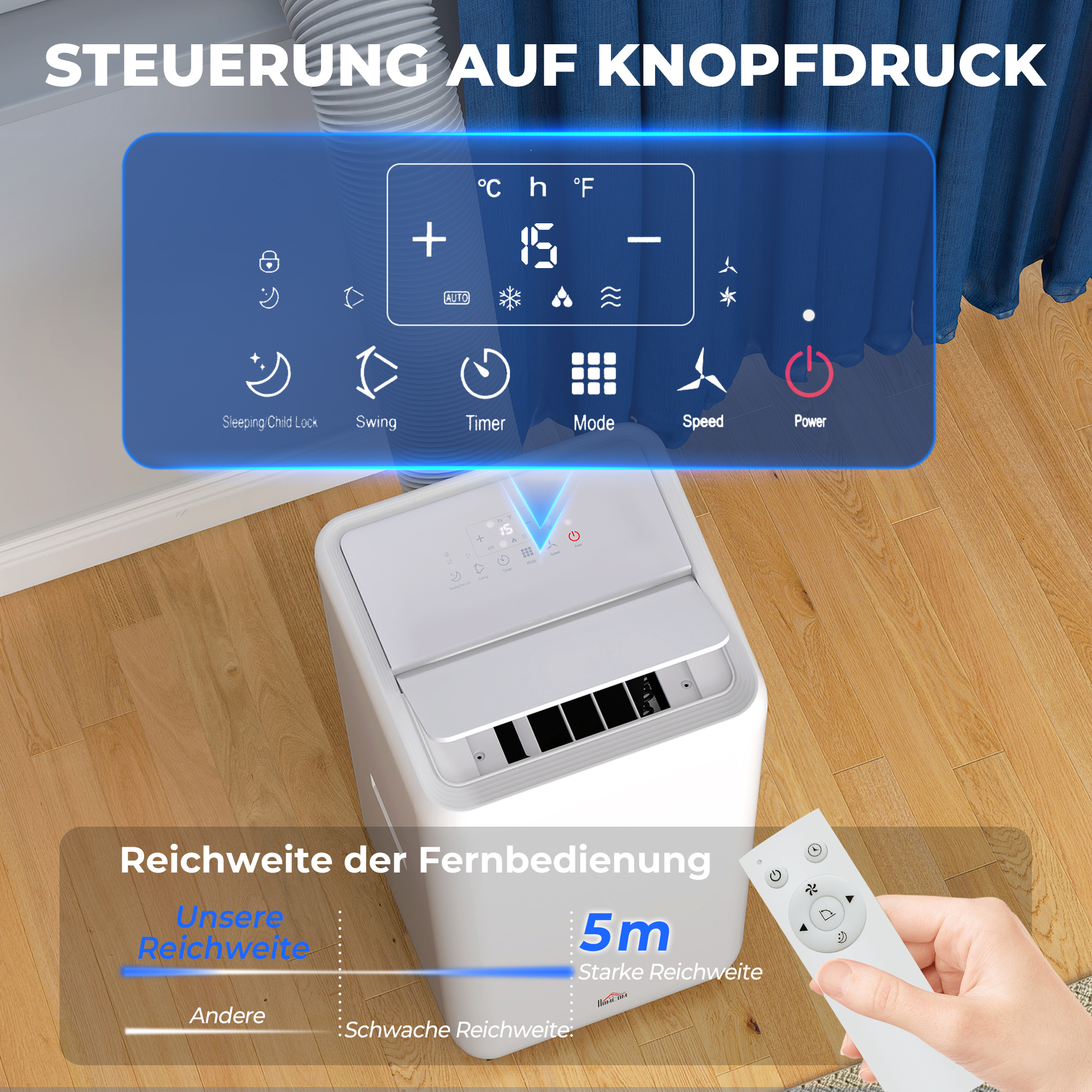 Mobiles Klimagerät mit Abluftschlauch 12000 BTU 3,5 kW, 5-in-1, 24h-Timer, Fernbedienung bis 35㎡