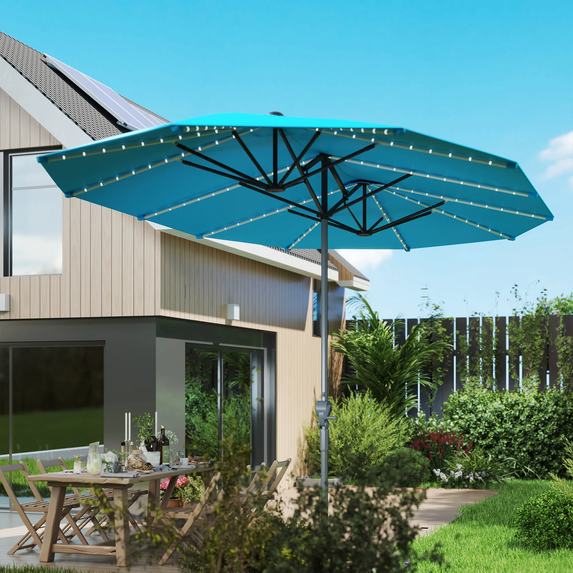 Doppelsonnenschirm Blau 451L x 267B x 249H cm mit Lichtern