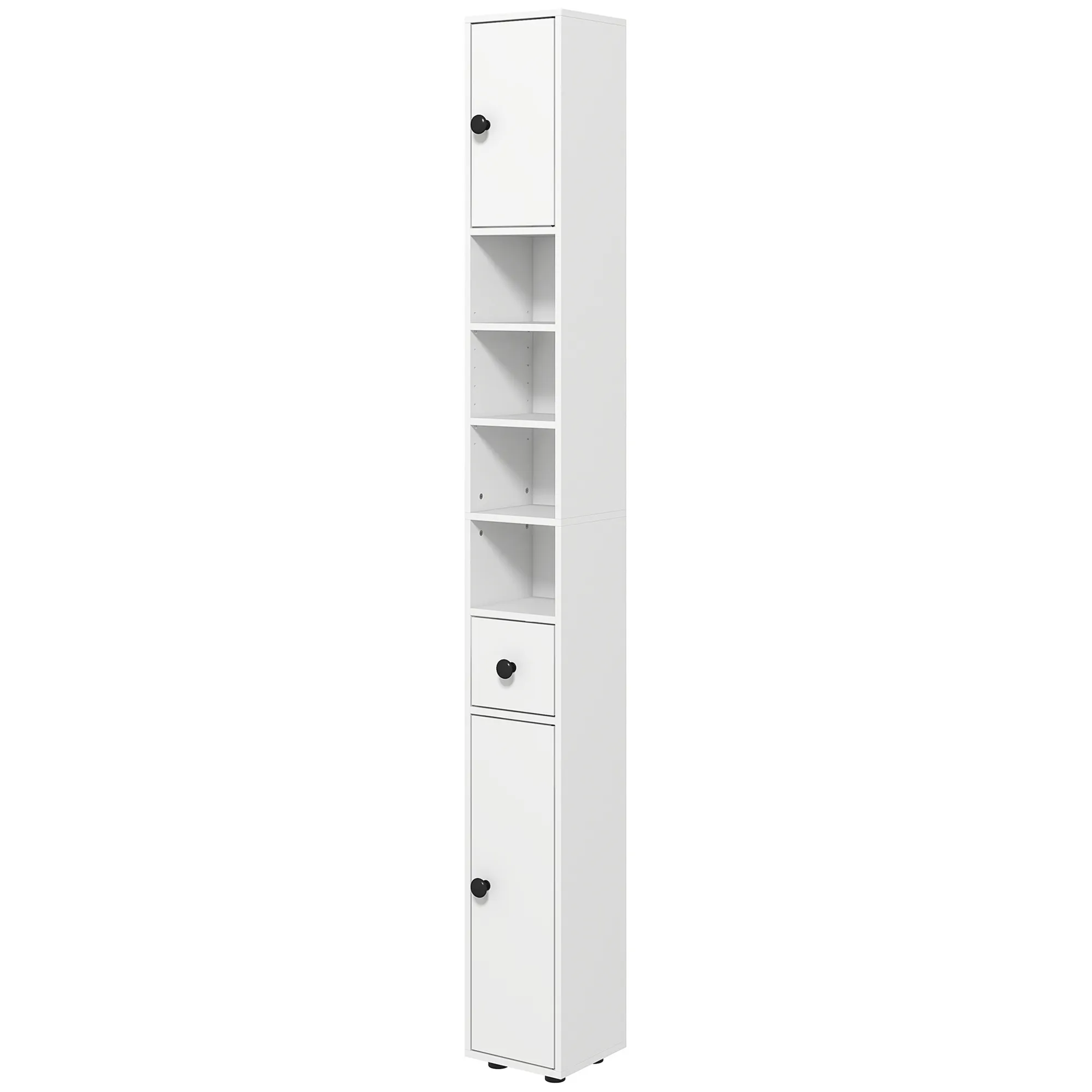 Badezimmerschrank, 4 Regale, Schublade, Spanplatte, schlankes Design, Weiß