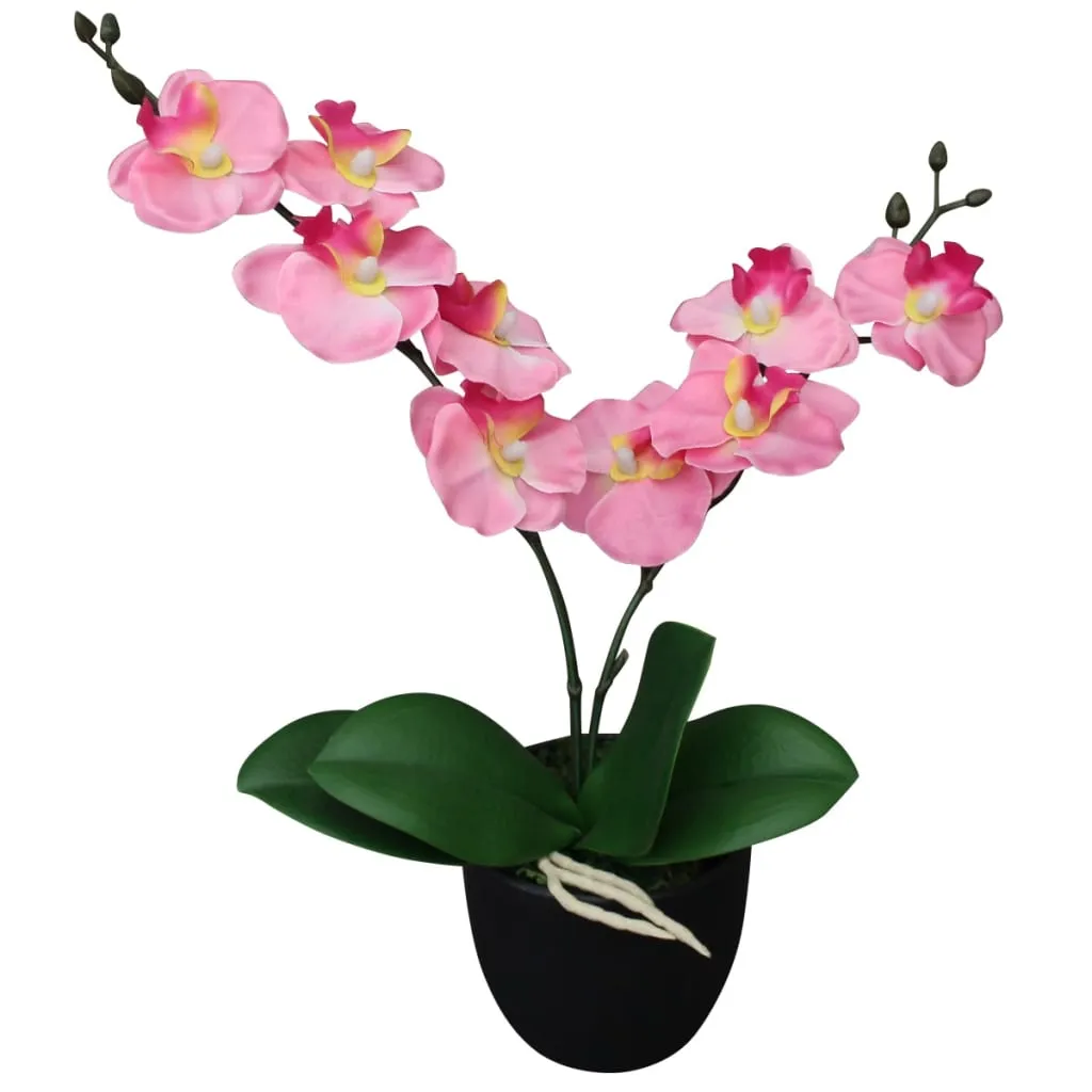 Künstliche Orchidee 30 cm Rosa mit 9 Blüten und 4 Blättern