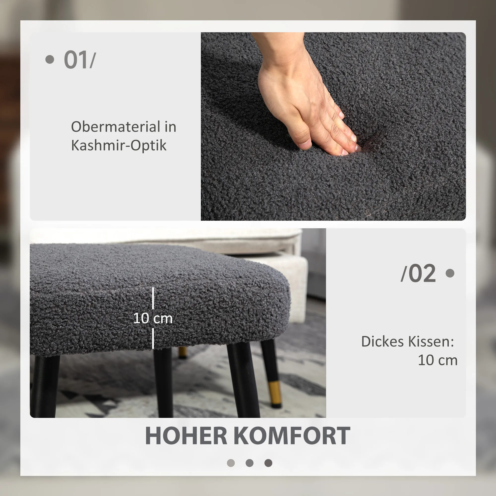 Hocker, Fußstütze, gepolsterter Sitz, Kaschmir-Optik, Stahlbeine, 42 x 42 x 44 cm, Dunkelgrau