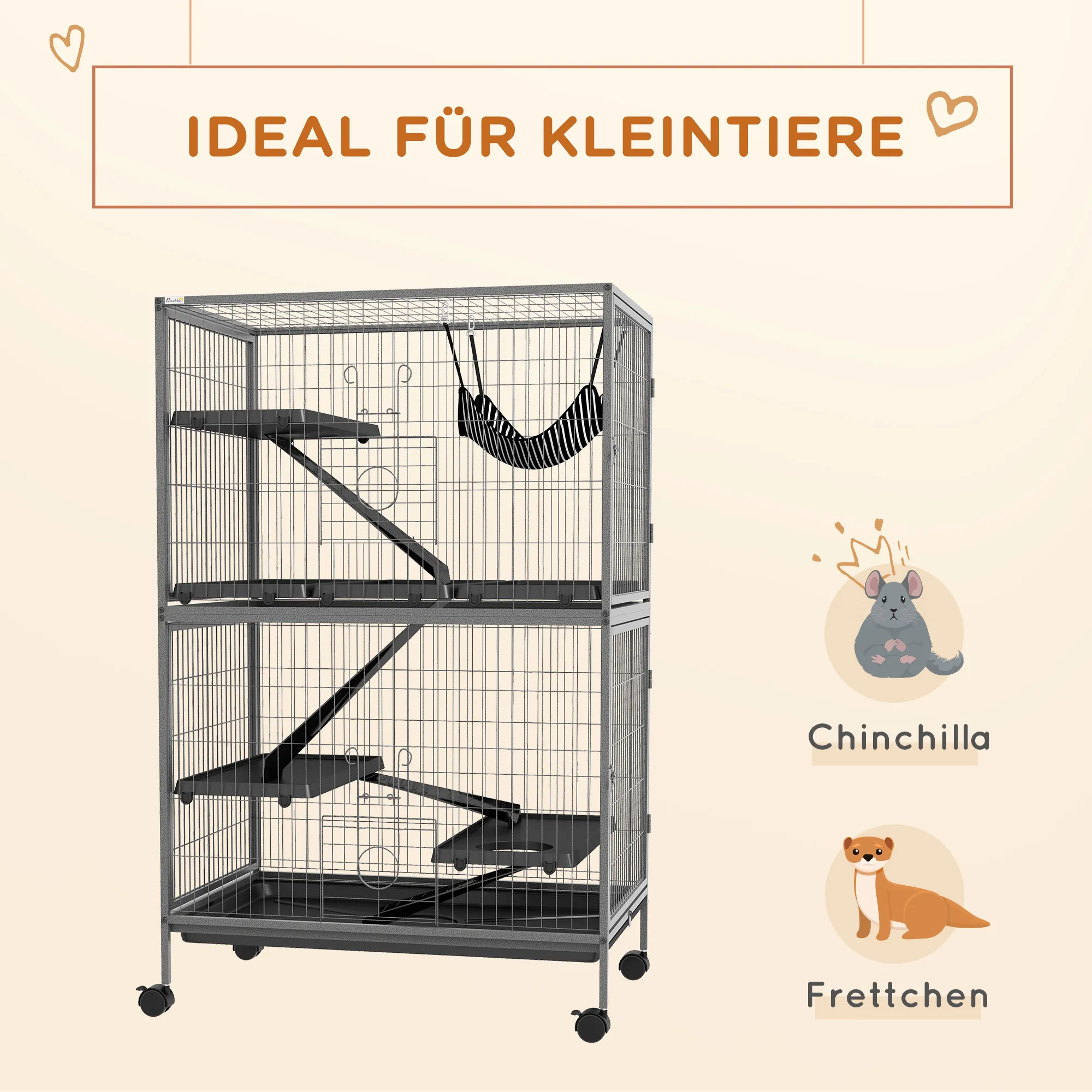 Kleintierkäfig mit Hängematte, Nagetierkäfig mit Rollen, 4-stöckiger Käfig, Metall, Kunststoff, 80 x 52 x 128 cm, Grau