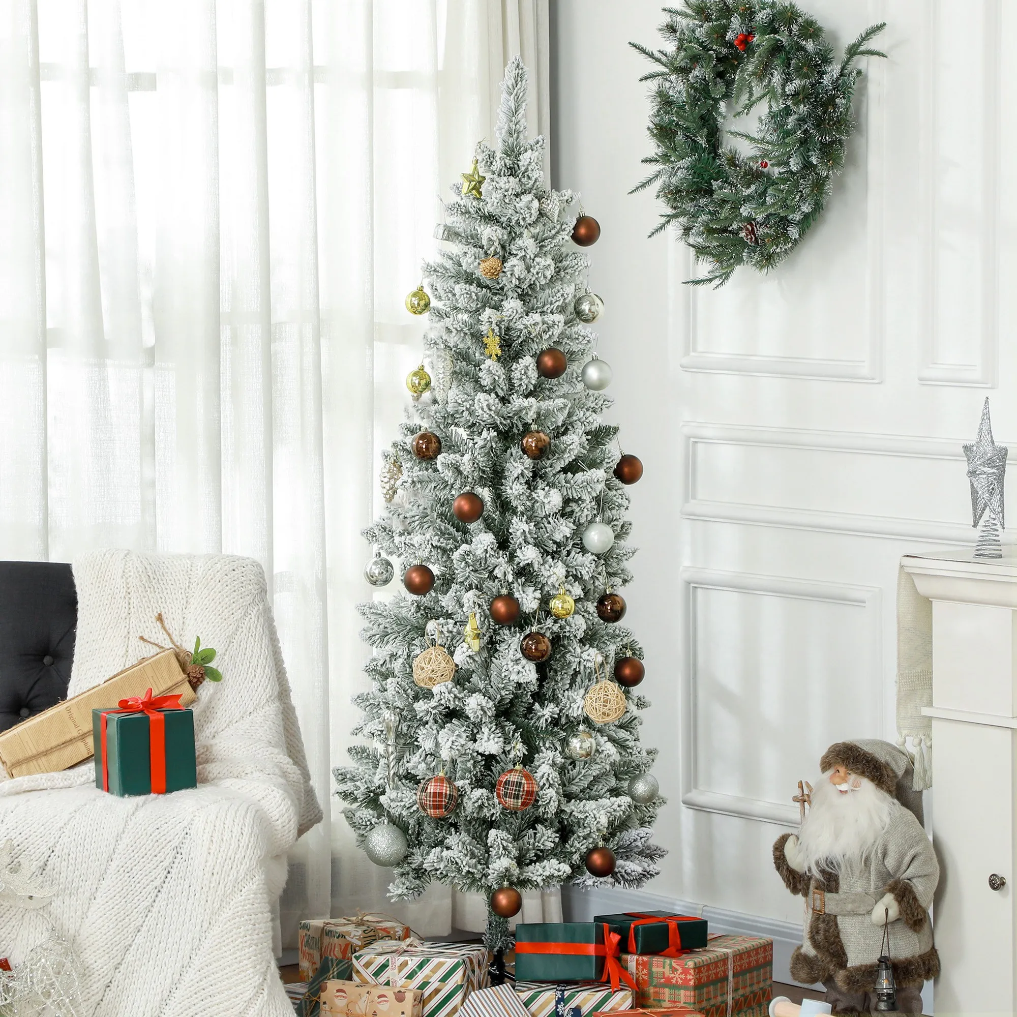 Künstlicher Weihnachtsbaum mit Kunstschnee, schlank, 183 cm, Grün