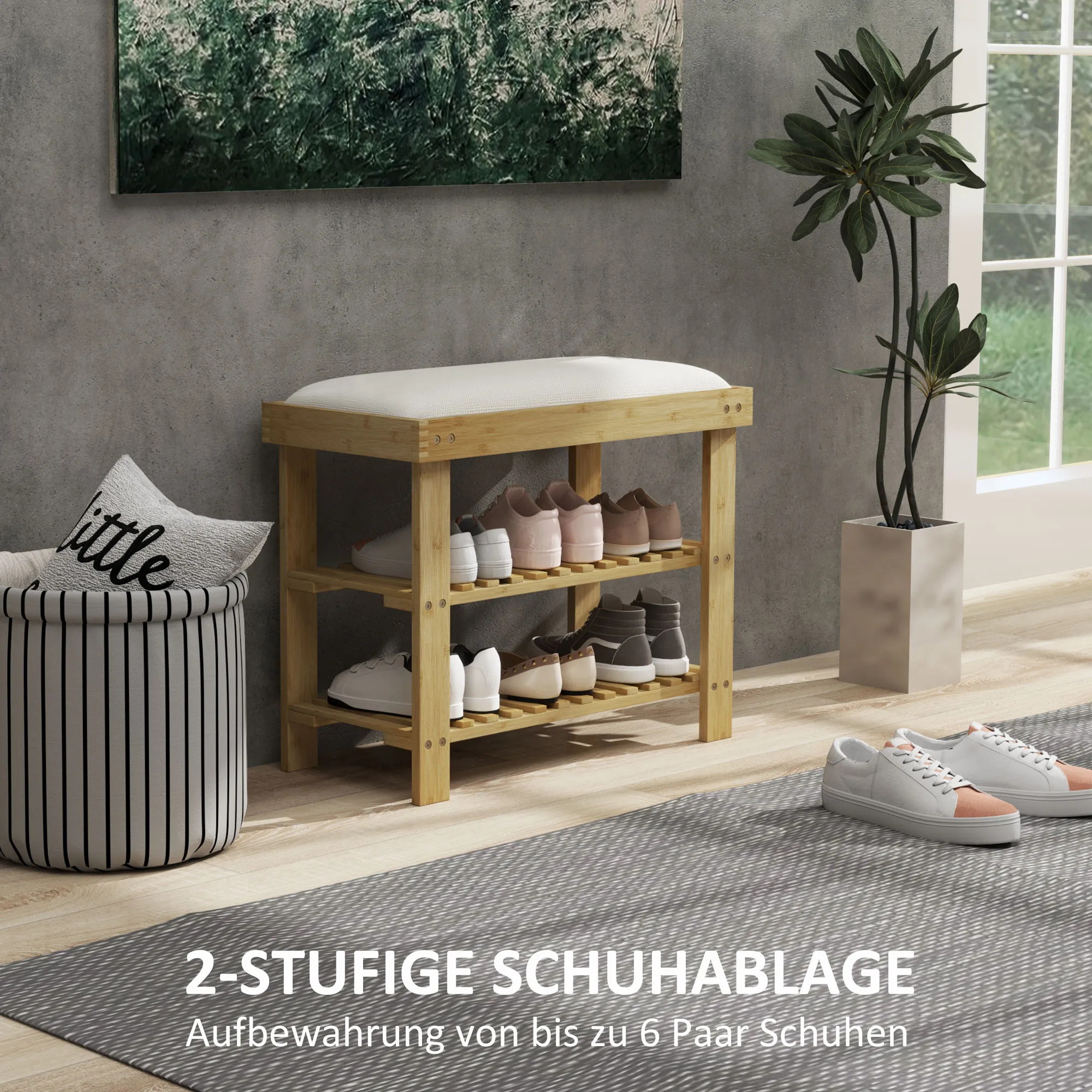 Schuhbank mit Sitzfläche, Bambus Sitzbank mit Stauraum, 2 offene Fächer, Sitzbank 60 x 29 x 49 cm Cremeweiß