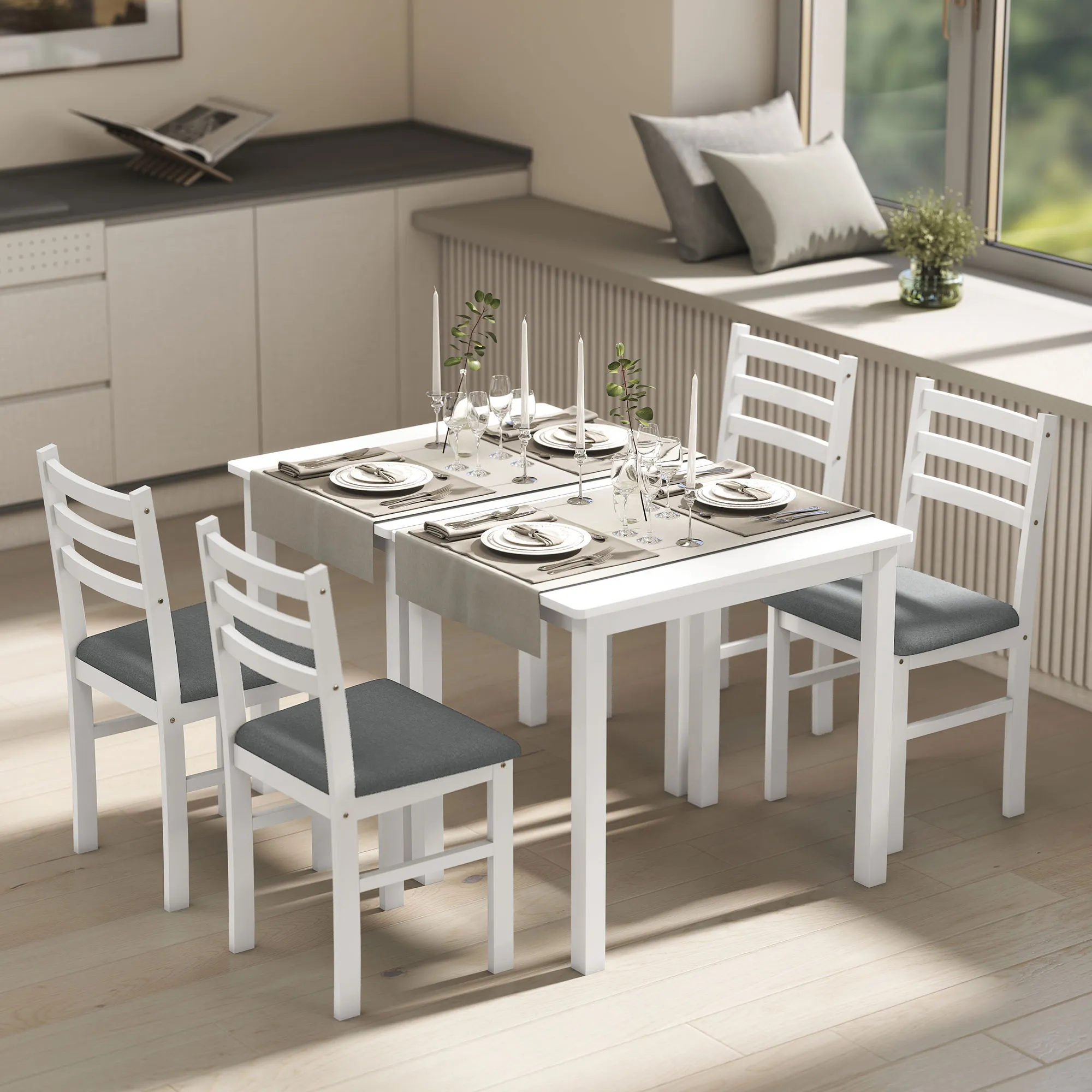 3-teiliges Esstisch-Set mit 2 Stühlen, Küchentisch für kompakte Räume, gepolsterte Stühle, platzsparend, MDF, Weiß