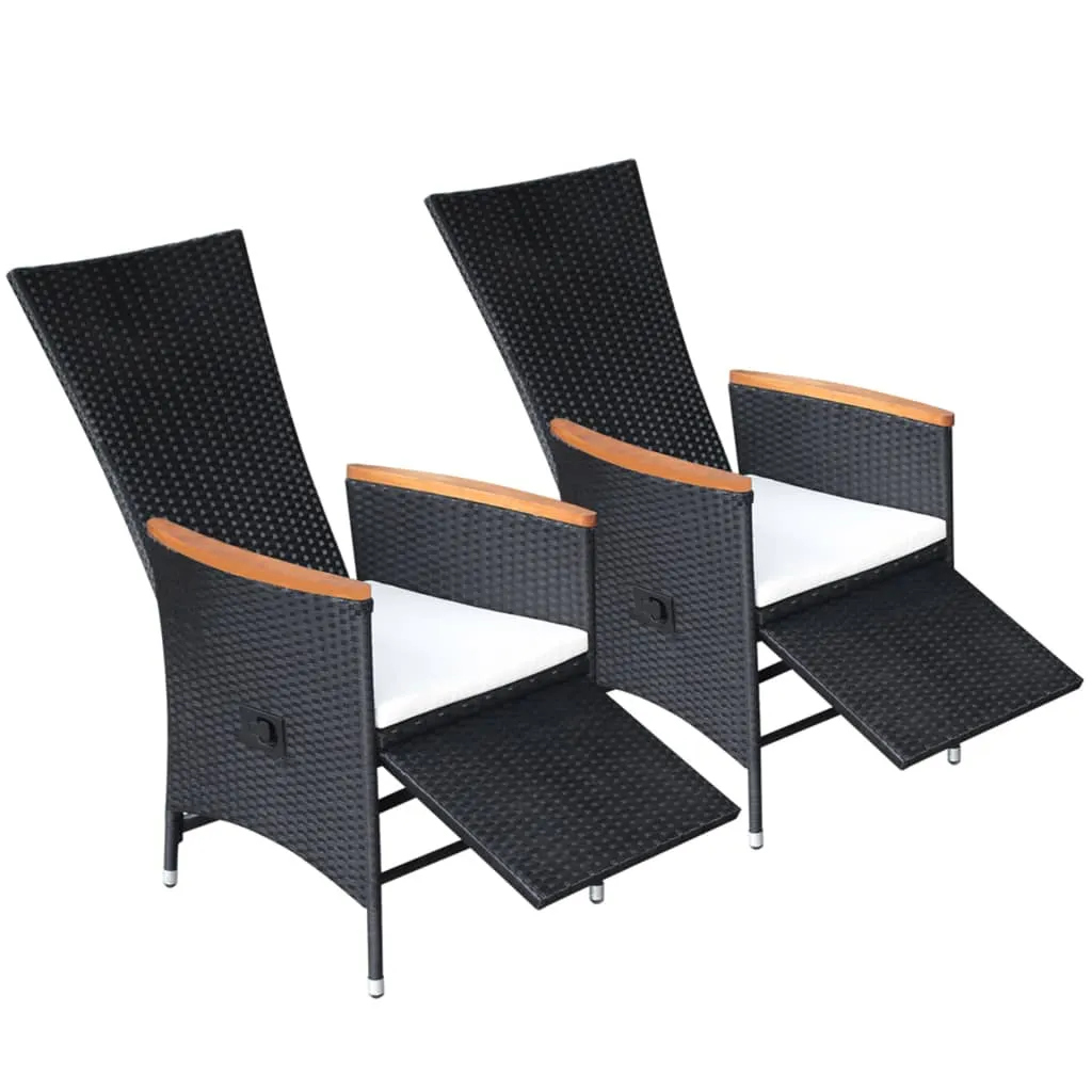 2er Set Rattan-Liegestühle Schwarz 58x62x108 cm mit Echtholz-Armlehnen