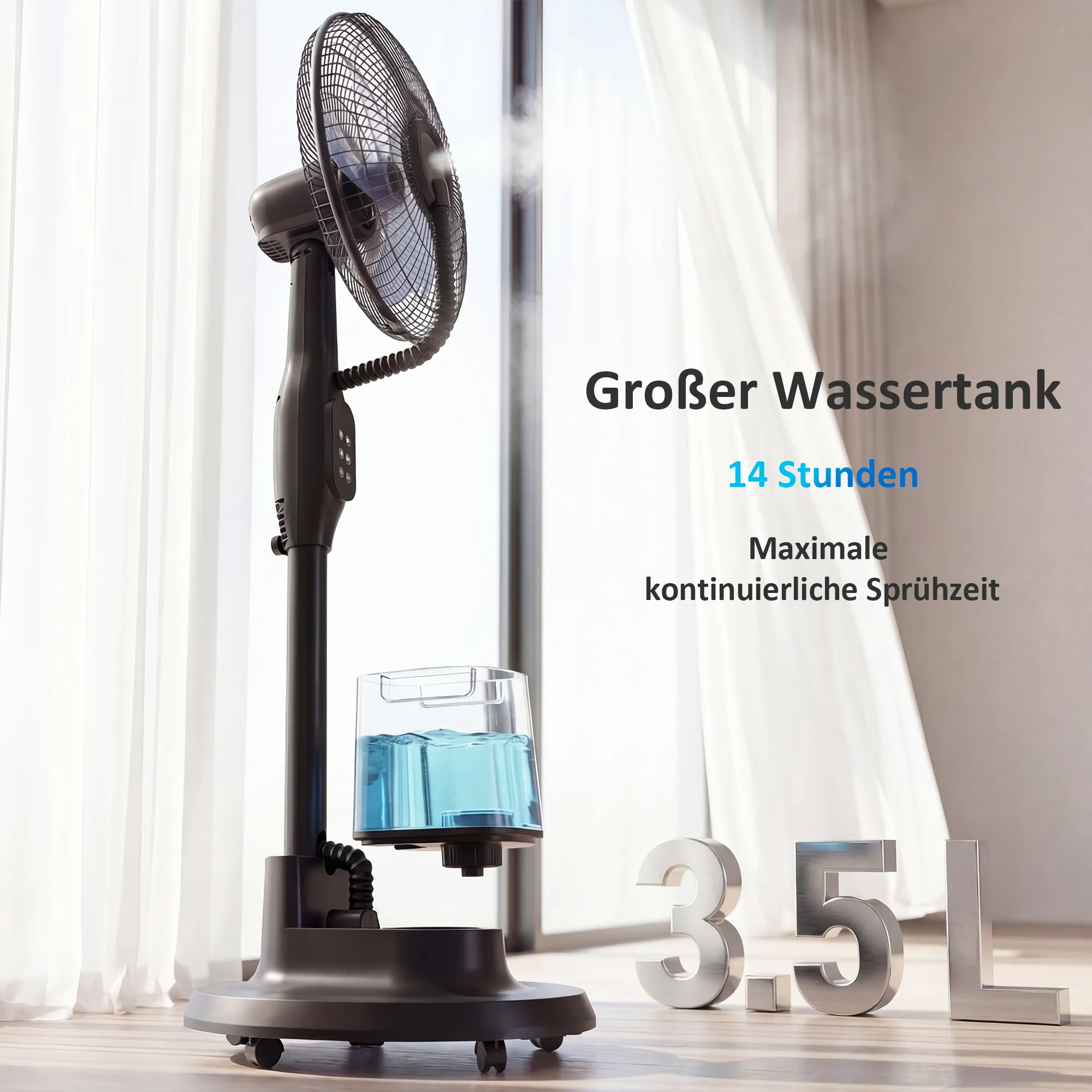 Stehventilator mit Sprühnebel, 70° Oszillation, 3 Geschwindigkeiten, 3 Modi, 3,5L Wassertank, Schwarz