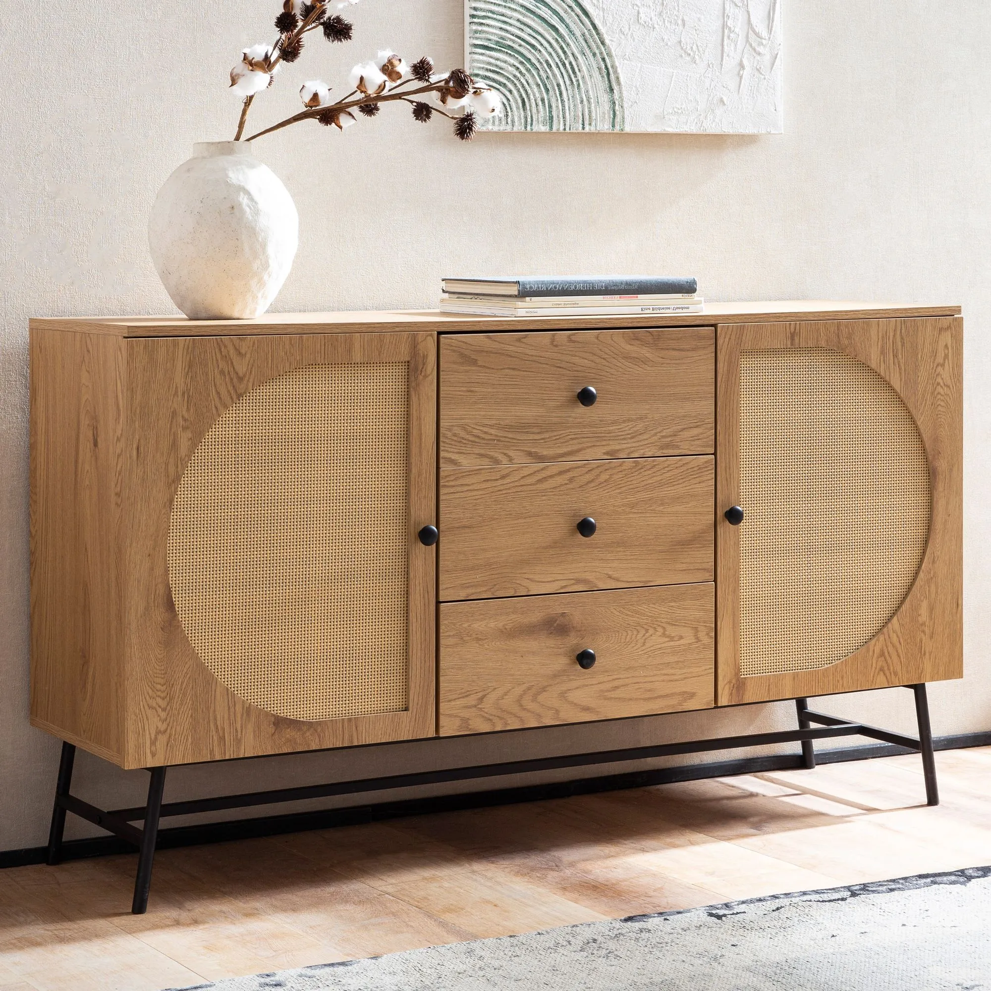 Sideboard 140x80x40 cm Kommode Eiche-Dekor mit Rattan Geflecht Modern
