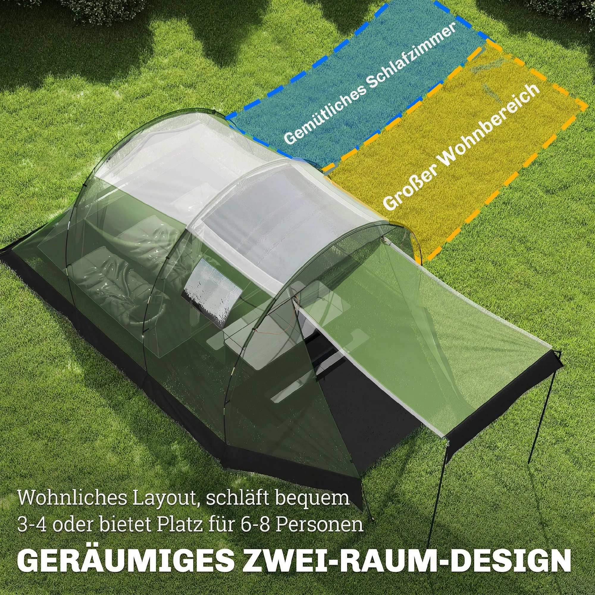 Zelt 4 Personen 460x260x190 cm Armeegrün-Schwarz-Grau