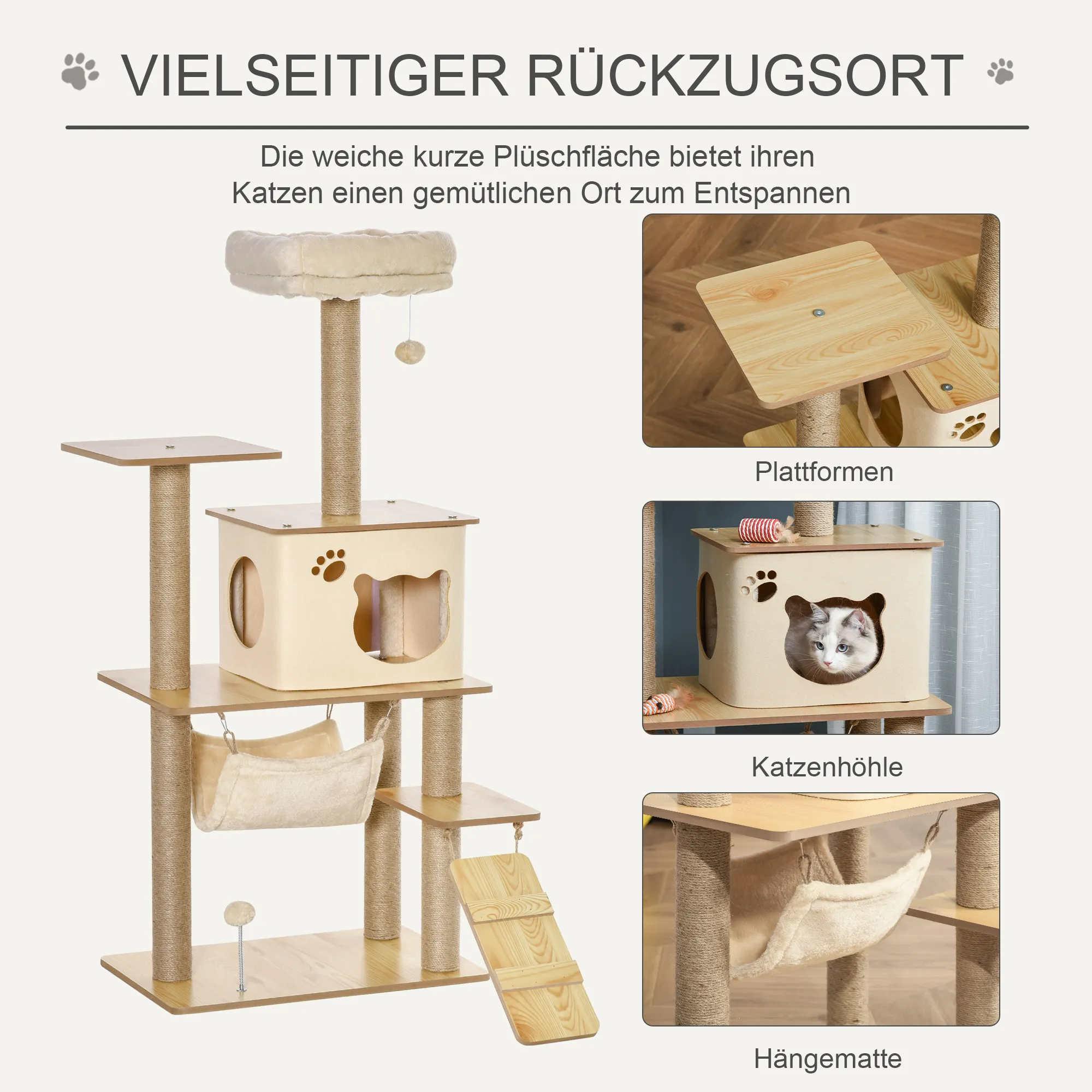 Kratzbaum für Katzen mit Höhle und Plattform, 130 cm, Gelb