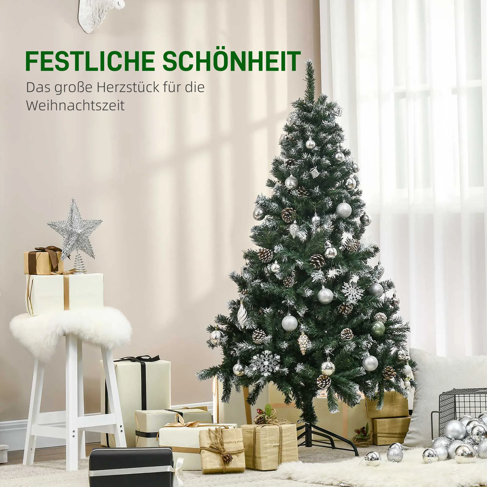 Künstlicher Weihnachtsbaum, 676 Zweige, 41 Zapfen, verschneite Spitzen, feuerfest, 180 cm