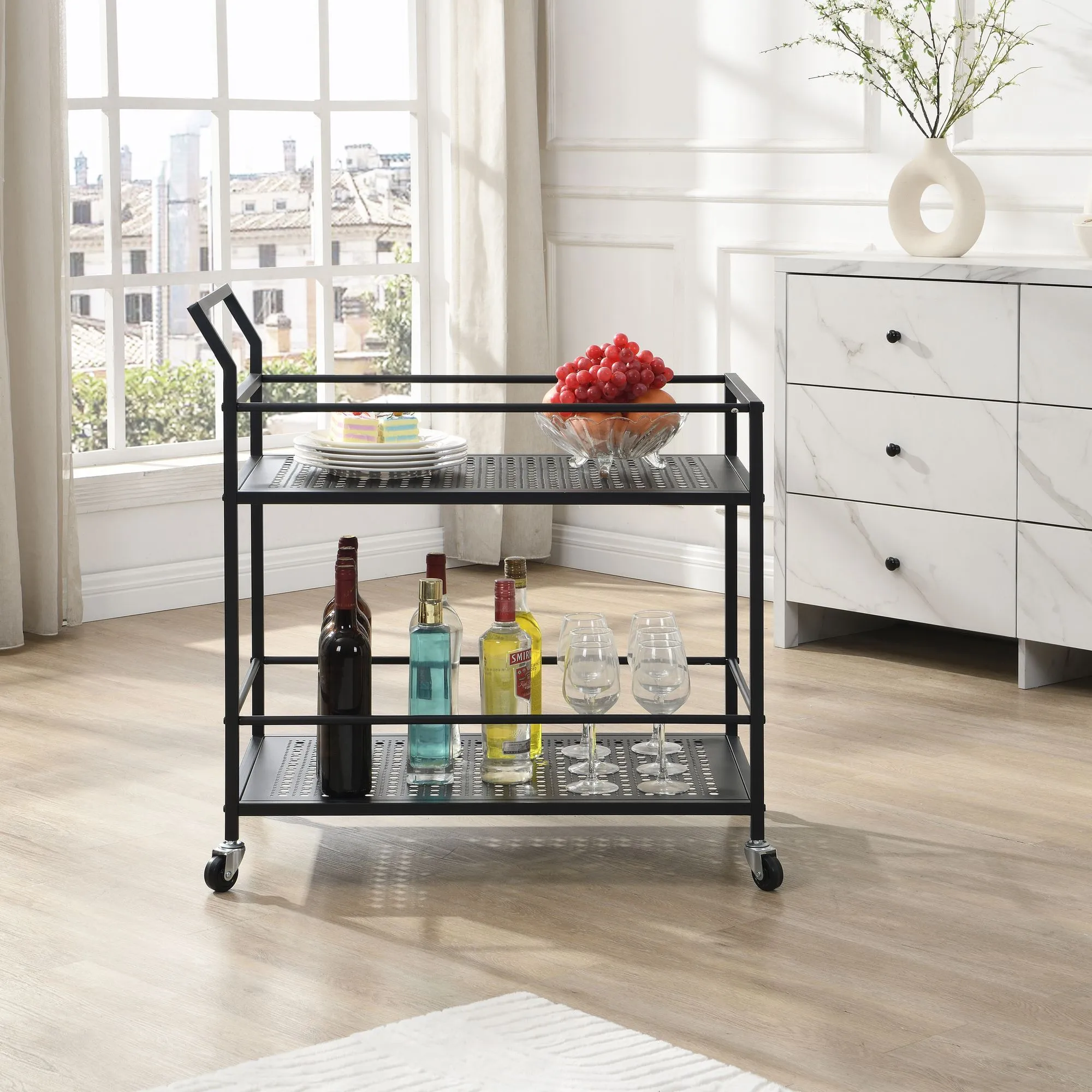 Servierwagen Metall Schwarz 79x45x83 cm mit Rollen & Bremsen