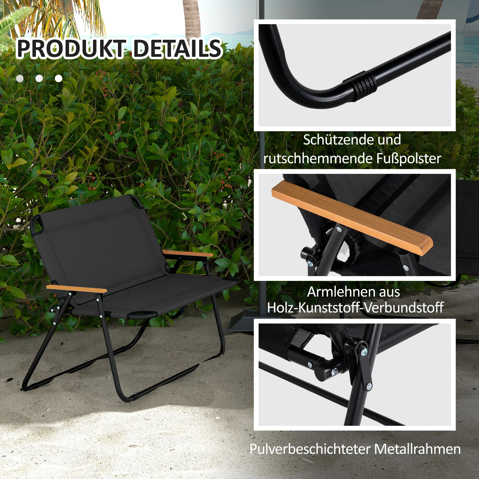 Klappstuhl, atmungsaktiv, Holz-Kunststoff-Armlehnen, 108x65x73cm, Schwarz-Natur