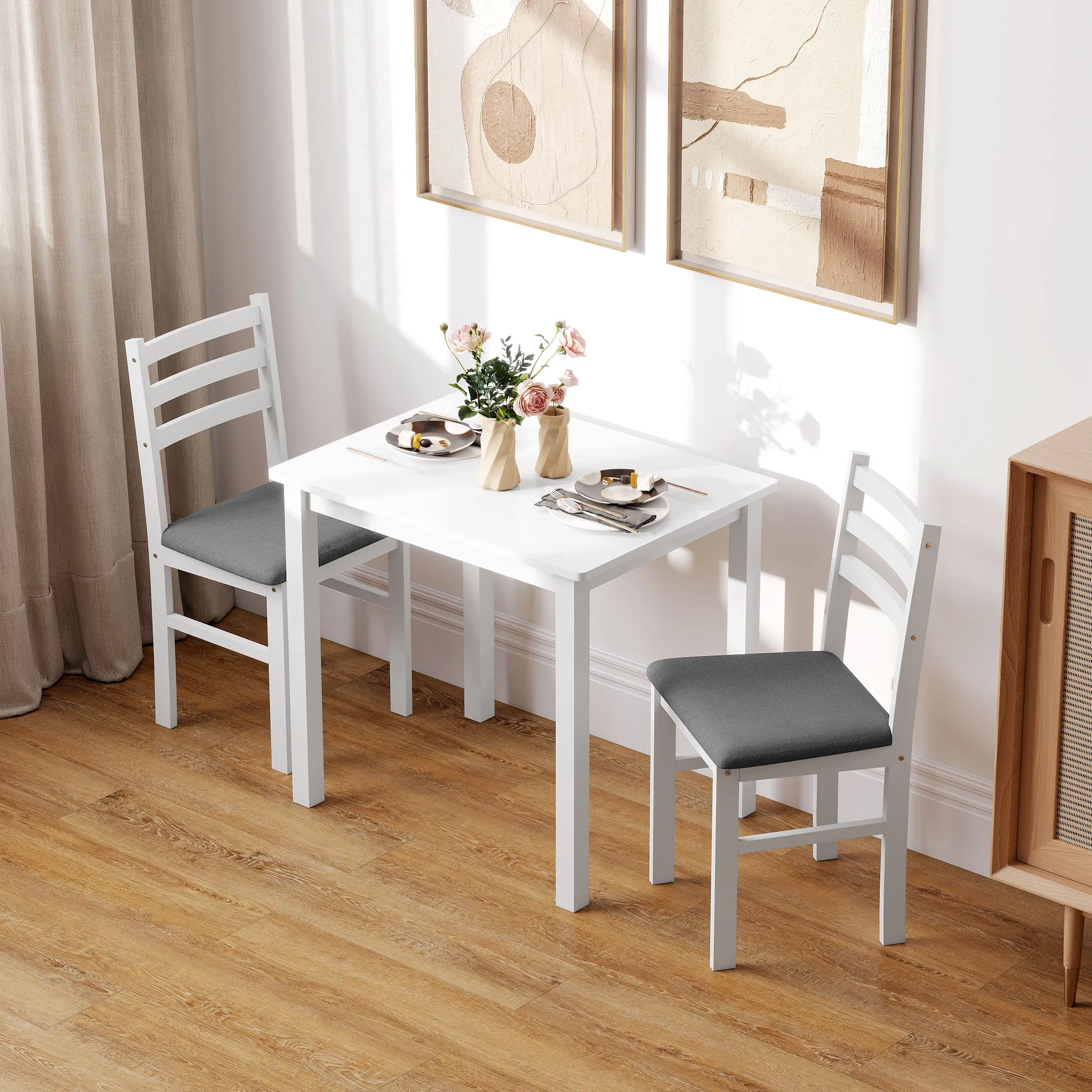 3-teiliges Esstisch-Set mit 2 Stühlen, Küchentisch für kompakte Räume, gepolsterte Stühle, platzsparend, MDF, Weiß