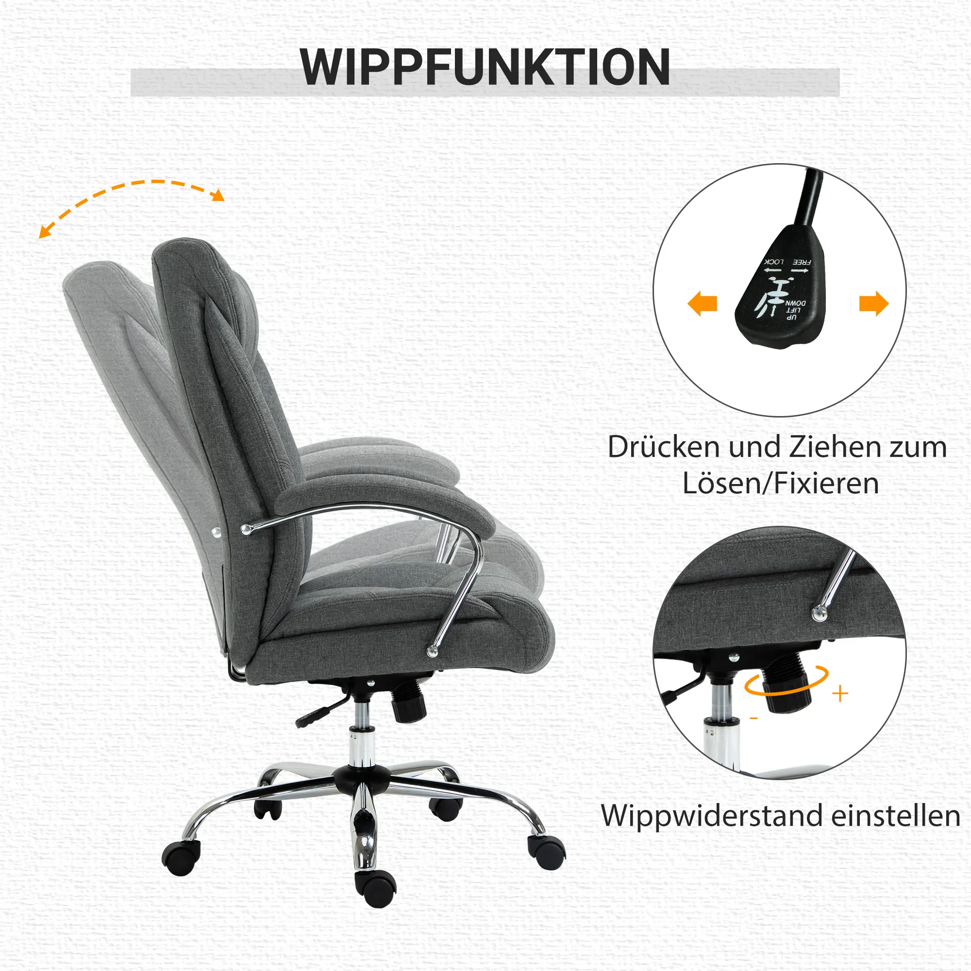 Bürostuhl mit Wippfunktion ergonomischer Stuhl mit gepolsterte Armlehne Kopfstütze höhenverstellbarer Schreibtischstuhl Drehstuhl mit Rückenlehne Nylon Grau 65 x 78 x 110-118 cm