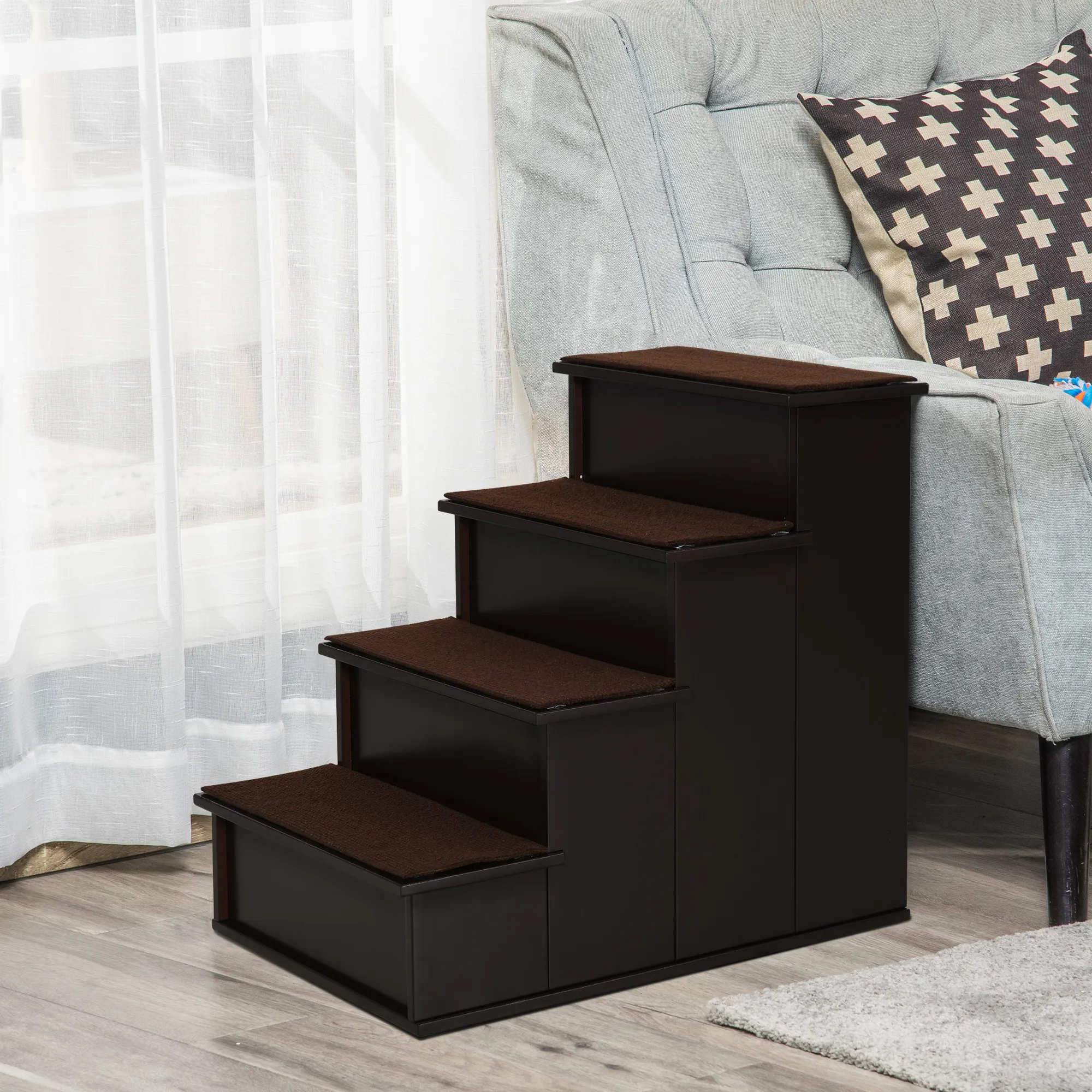 Haustiertreppe für Hunde & Katzen, 4-stufig, MDF, Dunkelbraun