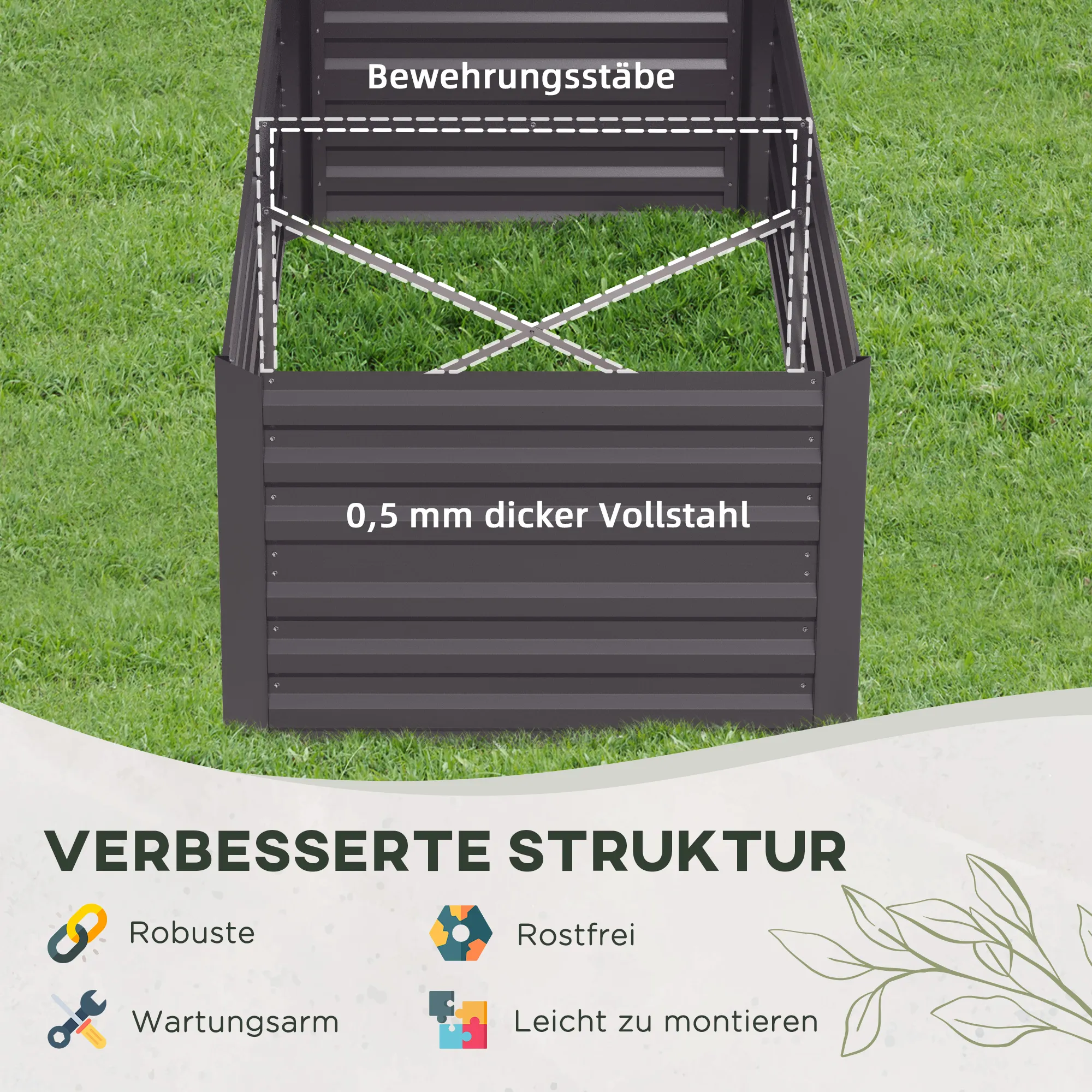 Hochbeet Dunkelgrau 180 x 90 cm aus Stahl für Innen und Außen